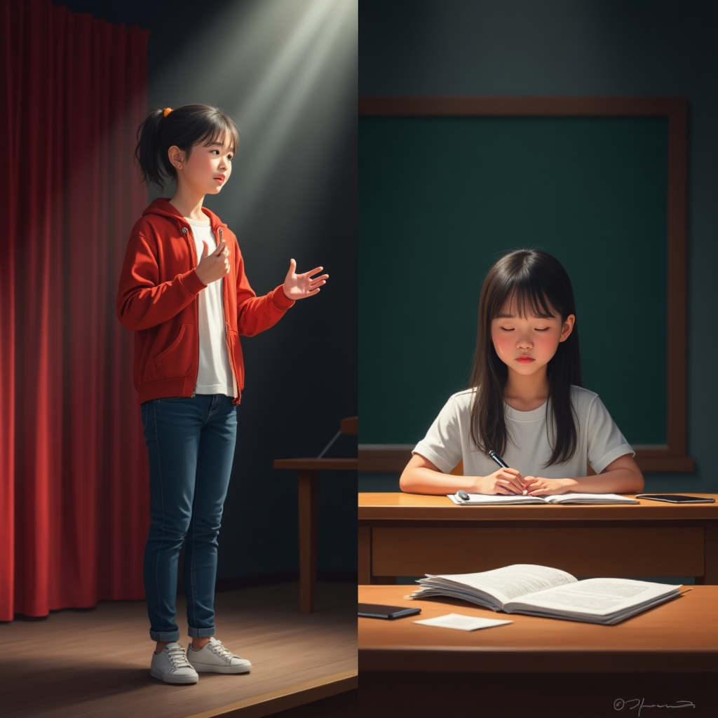 台美學生在語言表達上的對比 一名女孩在舞台上自信演講,另一名女孩低頭坐在教室,表現出表達能力與學習環境的差異