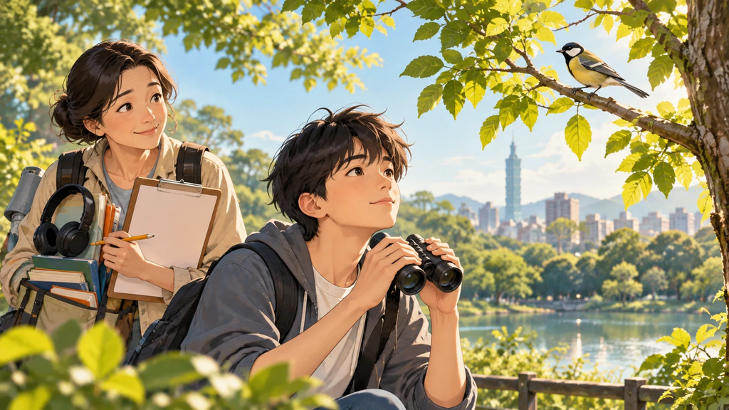 公園裡的青少年拿著望遠鏡觀察鳥類，旁邊有成人拿著紀錄板